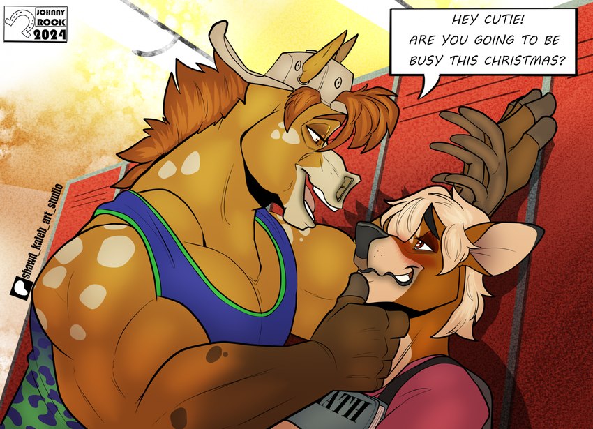 anthro antlers biceps duo horn locker_room male male/male muscular muscular_anthro muscular_male text shawd johnny_rock deer equid equine horse mammal 2024 english_text hi_res