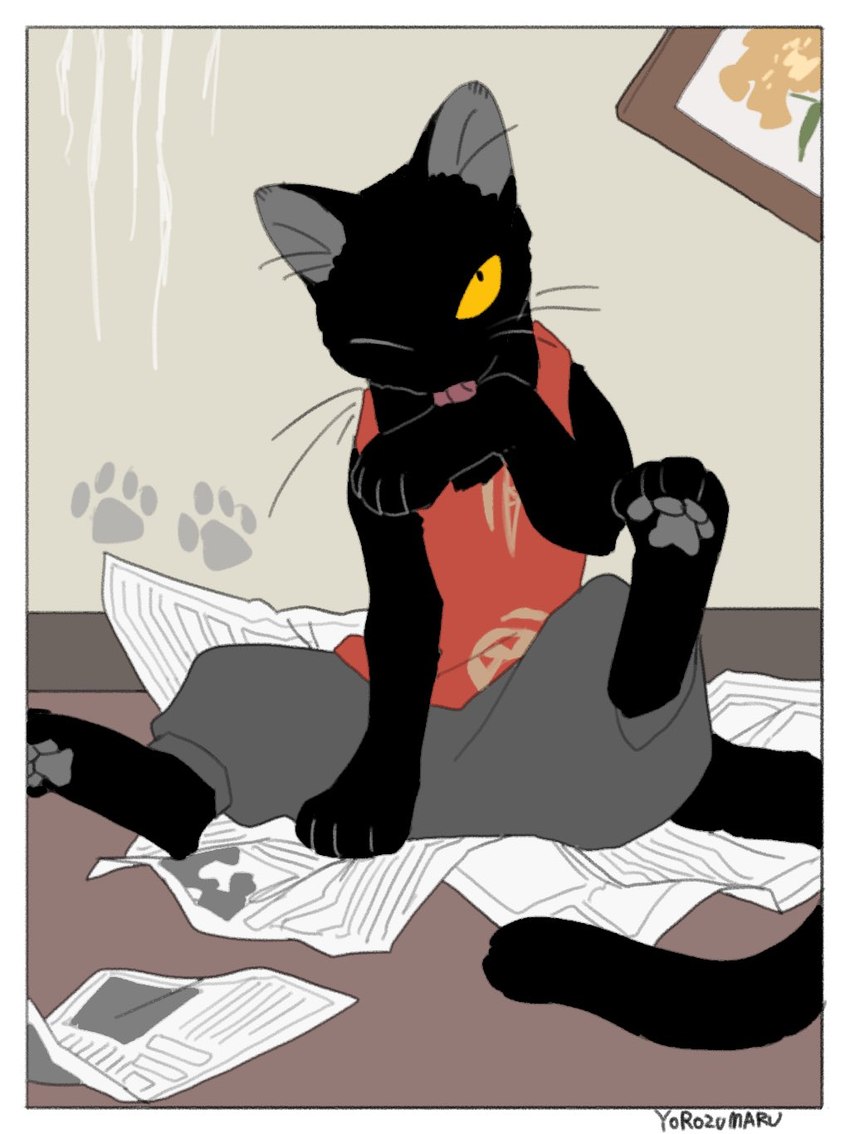 ambiguous_gender black_body clothed clothing feral footprint licking one_eye_closed pawpads pawprint self_lick solo tail tongue tongue_bath tongue_out whiskers yellow_eyes yorozumaru urushi_(yorozumaru) domestic_cat felid feline felis mammal 2022 hi_res