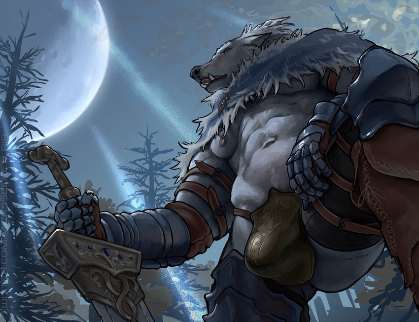 5_fingers anthro armor biped boots buckle bulge clothing codpiece cuisse detailed_background fangs fingers footwear fur gauntlets gloves grey_body grey_fur hand_on_leg handwear holding_melee_weapon holding_object holding_sword holding_weapon leggings legwear light looking_forward low-angle_view male melee_weapon moon moonlight navel night nipples open_mouth outside pink_eyes plant poleyn shirtless shoes solo standing straps sword teeth text tree underwear weapon mickey_the_retriever elden_ring fromsoftware blaidd_(elden_ring) canid canine canis mammal wolf 2022 digital_media_(artwork) hi_res url