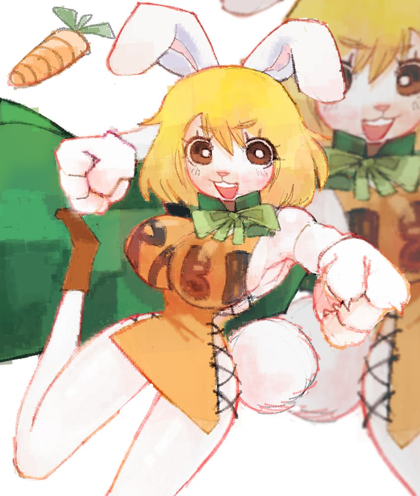 anthro big_breasts blonde_hair blowup_background bow_tie breasts brown_clothing brown_eyes brown_footwear brown_socks carrot claws clothed clothing dress eyebrows eyelashes female female_anthro finger_claws food footwear fur gesture gloves green_bow_tie hair hair_between_eyes hand_gesture handwear looking_at_viewer open_mouth open_smile orange_clothing orange_dress pink_inner_ear pink_nose plant pointing pupils short_tail simple_background small_waist smile socks solo tail teeth tight_clothing tight_dress vegetable wasp_waist white_body white_clothing white_fur white_gloves white_handwear white_pupils wide_hips dogmasque9999 one_piece carrot_(one_piece) lagomorph leporid mammal rabbit 2023 adobe_photoshop_(artwork) digital_media_(artwork) digital_painting_(artwork) hi_res shaded