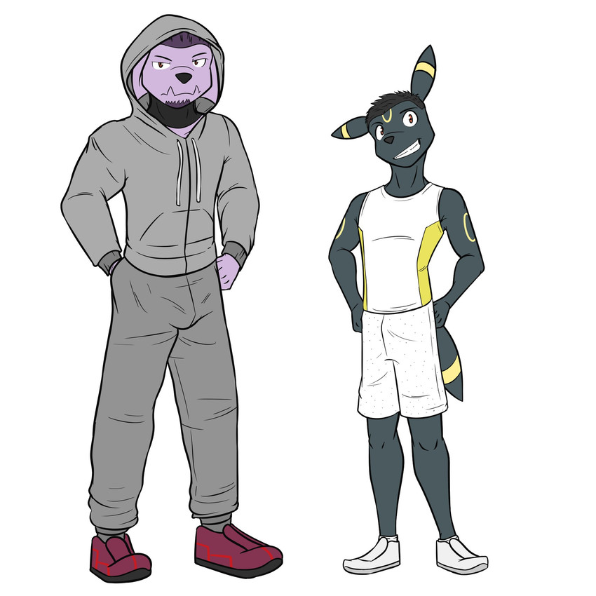 anthro anthrofied beard bottomwear bulge clothed clothing duo facial_hair footwear fully_clothed hoodie male shirt shoes shorts simple_background tank_top topwear tracksuit white_background fuze nintendo pokemon jed_(fuze) eeveelution generation_2_pokemon granbull pokemon_(species) umbreon 1:1 full-length_portrait hi_res portrait