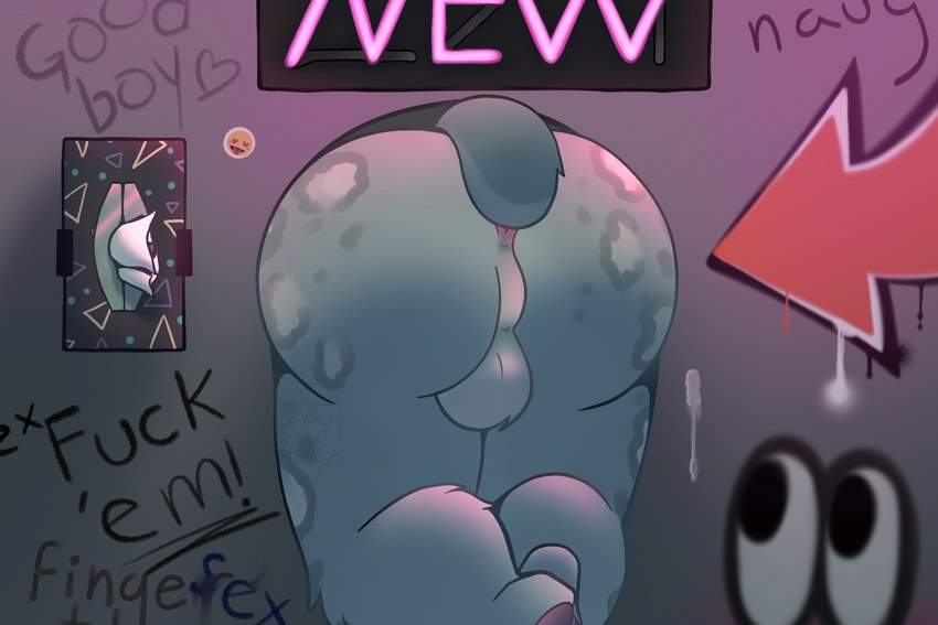 anthro anus arrow_pointing_to_crotch ball_tuft balls butt detailed_background directional_arrow fur genitals glory_hole graffiti grey_body grey_fur male pawpads perineum short_tail sign solo tail taint_bulge text tissue tuft alleyballey felid leopard mammal pantherine snow_leopard 3:2 signature