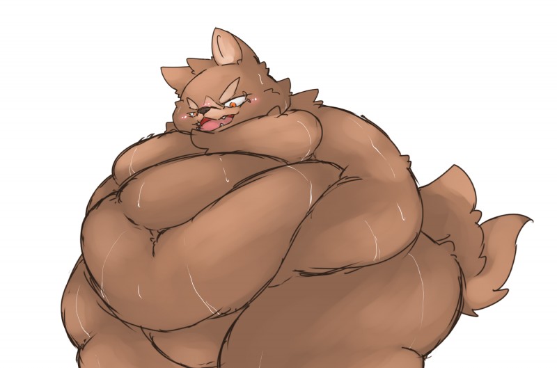 ambiguous_gender anthro belly black_nose blush chubby_cheeks fangs featureless_crotch fur half-closed_eyes hand_on_belly holding_belly love_handles morbidly_obese morbidly_obese_ambiguous morbidly_obese_anthro narrowed_eyes obese obese_ambiguous obese_anthro open_mouth orange_eyes overweight overweight_ambiguous overweight_anthro simple_background smile solo teeth thick_thighs white_background gabu2929 canid canine canis domestic_dog mammal 2017 digital_media_(artwork) hi_res