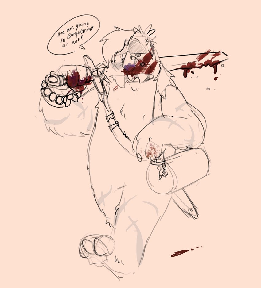 after_murder anthro bag blood blood_on_face blood_on_finger blood_on_sword blood_on_weapon bodily_fluids bracelet claws facial_piercing fur hair half-closed_eyes holding_melee_weapon holding_object holding_sword holding_weapon jewelry leg_scar looking_at_viewer melee_weapon narrowed_eyes nose_piercing piercing scar sharp_teeth solo speech_bubble sword sword_on_shoulder sword_sheath teeth text walking weapon shaibey bugsnax young_horses fan_character grummy_gruncher_(shaibey) grumpus 2022 digital_media_(artwork) english_text hi_res procreate_(artwork) nonbinary_(lore)