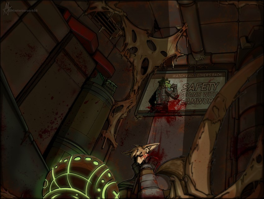 blood bodily_fluids cut_arm dark darkness flesh food gore holding_wound inside locker_room meat missing_arm orb rot text wounded masterzoroark666 dead_space electronic_arts visceral_games dim canid canine fennec_fox fox mammal necromorph true_fox english_text hi_res