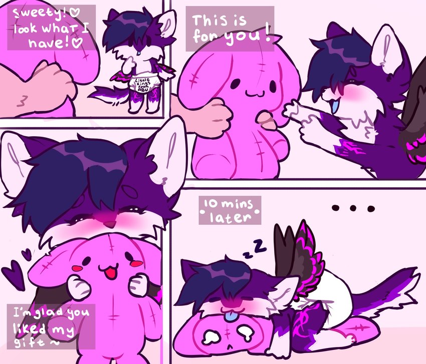 4_panel_comic ambiguous_gender anthro baby blush clean_diaper clothed clothing dialogue diaper duo eyes_closed female fur grabby_hands happy heart_symbol holding_object holding_plushie hug hugging_object hugging_plushie lying offscreen_character on_front pink_body pink_fur plushie purple_body purple_fur sleeping sound_effects speech_box standing text tongue tongue_out vowelless vowelless_sound_effect wearing_diaper white_body white_fur wings young young_anthro young_female zzz kikichicks comic english_text hi_res