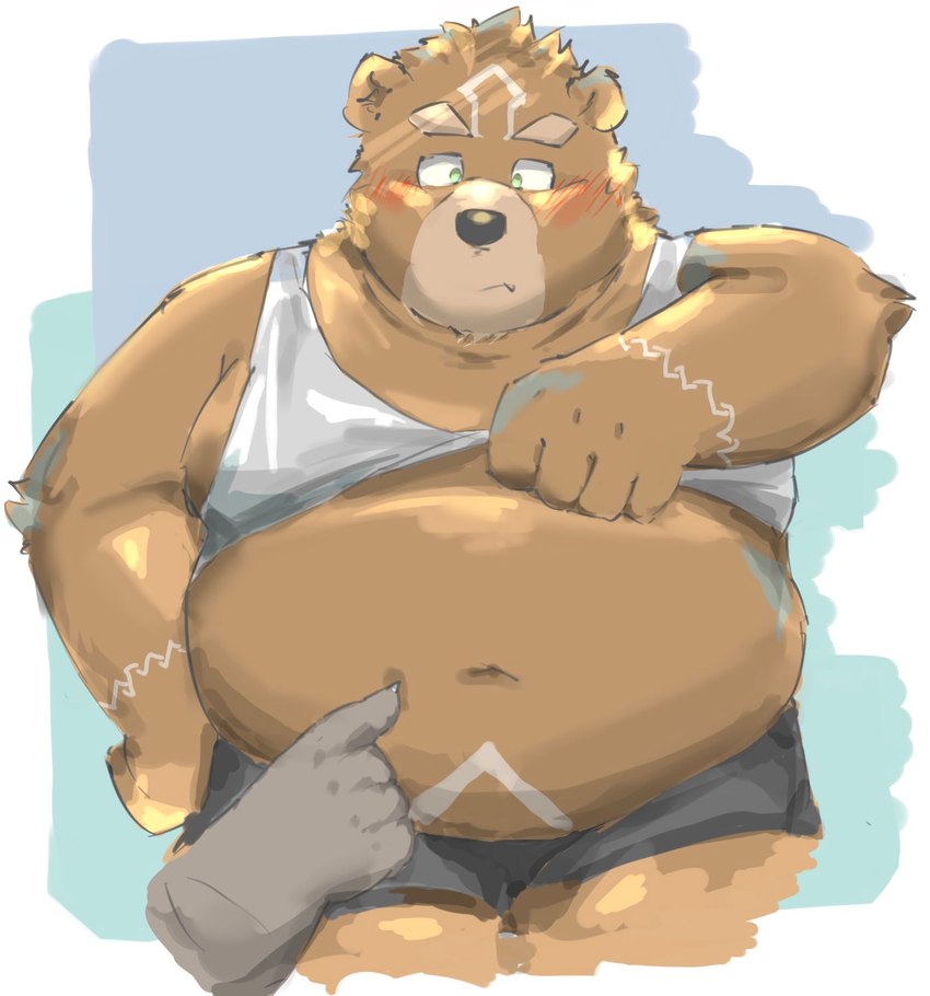 anthro belly blush bottomwear brown_body brown_fur clothed clothing clothing_lift duo eyebrows fur green_eyes male moobs navel overweight overweight_male poking_stomach shirt shirt_lift shorts solo tank_top thick_eyebrows topwear okentya crave_saga gabu_(crave_saga) bear mammal hi_res