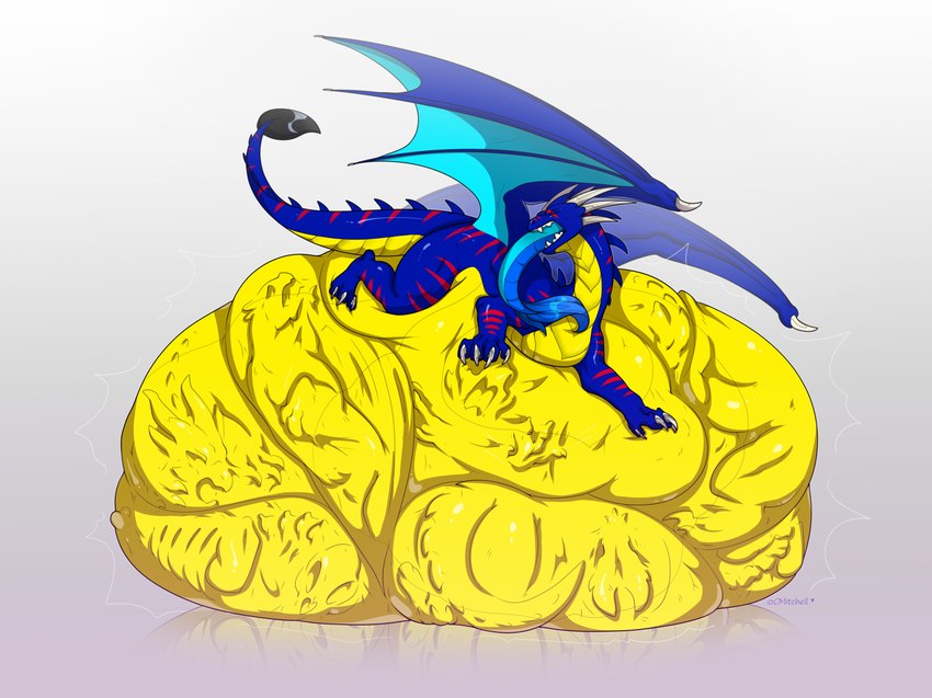 belly big_belly blue_body blue_skin digestion face_imprint feral horn imprint male overweight overweight_male solo tail vore wings yellow_body yellow_skin cmitchell mythology dragon mythological_creature mythological_scalie scalie hi_res