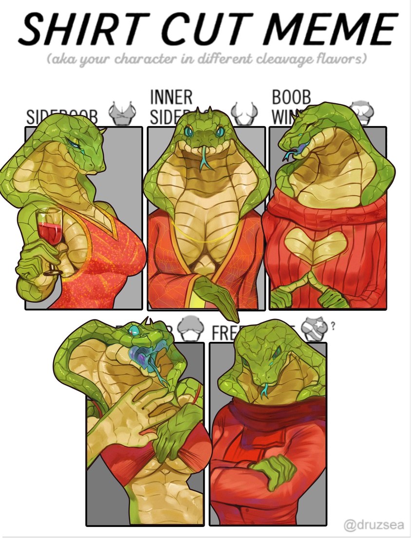 anthro breasts clothed clothing female non-mammal_breasts plunging_neckline scarf side_boob solo sweater text tongue tongue_out topwear under_boob lbt9000 shirt_cut_meme reptile scalie snake english_text hi_res meme