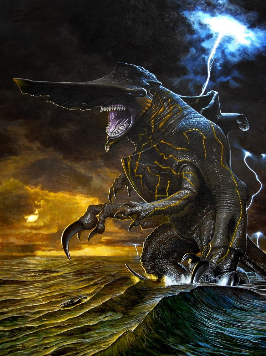 4_eyes ambiguous_gender anthro black_body black_clouds black_skin blue_eyes claws cloud electricity feral fin gold_stripes lightning long_snout multi_eye open_mouth sea snout solo striped_body stripes sun sunrise sunset water wave wayne_barlowe pacific_rim knifehead kaiju monster 2011 hi_res