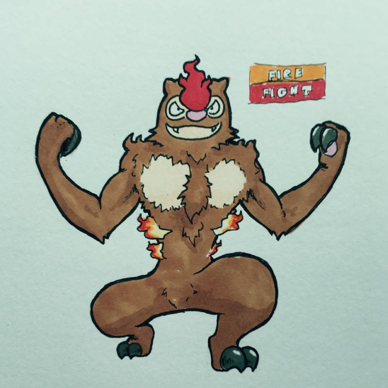 2_fingers 2_toes alternate_color ambiguous_gender anthro arm_tuft biceps biped black_claws black_eyes brown_body brown_fur chest_tuft claws crotch_tuft crouching digitigrade fangs feet fingers fire fist flexing front_view fur fur_tuft half-closed_eyes handpaw head_tuft multicolored_body multicolored_fur narrowed_eyes nude pawpads paws pink_pawpads red_body red_fur shadow shoulder_tuft simple_background smile smirk smug solo standing tan_body tan_fur teeth text toe_claws toes toony tuft white_background marco_fanjul fakemon firefightdex nintendo pokemon generation_3_pokemon mammal pokemon_(species) vigoroth 2017 english_text full-length_portrait hatching_(art) hi_res marker_(artwork) mixed_media pen_(artwork) portrait shaded traditional_media_(artwork)