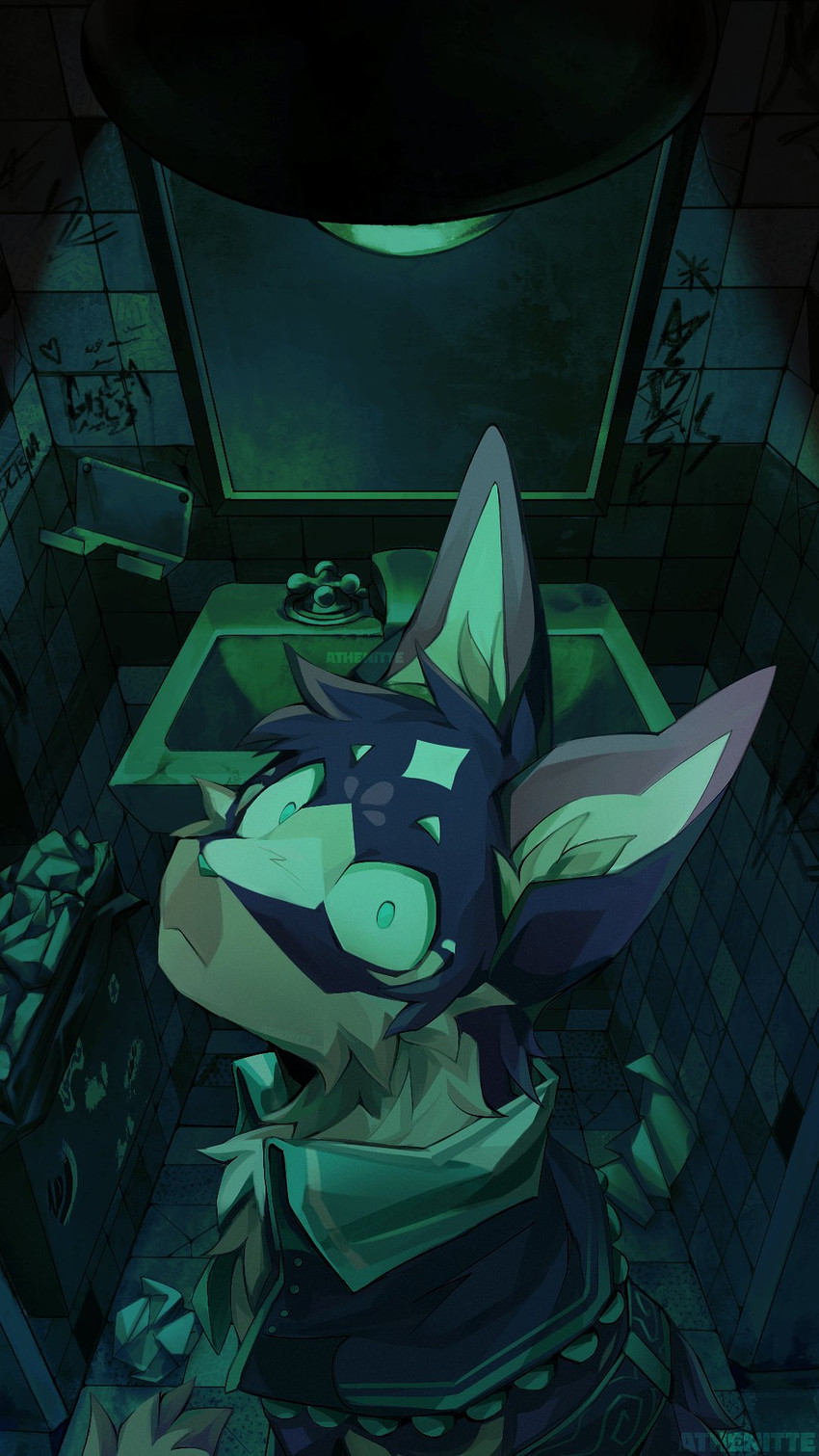 blue_body blue_fur brown_body brown_fur fur looking_at_viewer mirror purple_body purple_fur stare toilet writing_on_wall athenitte domestic_cat felid feline felis mammal 2024 9:16 hi_res