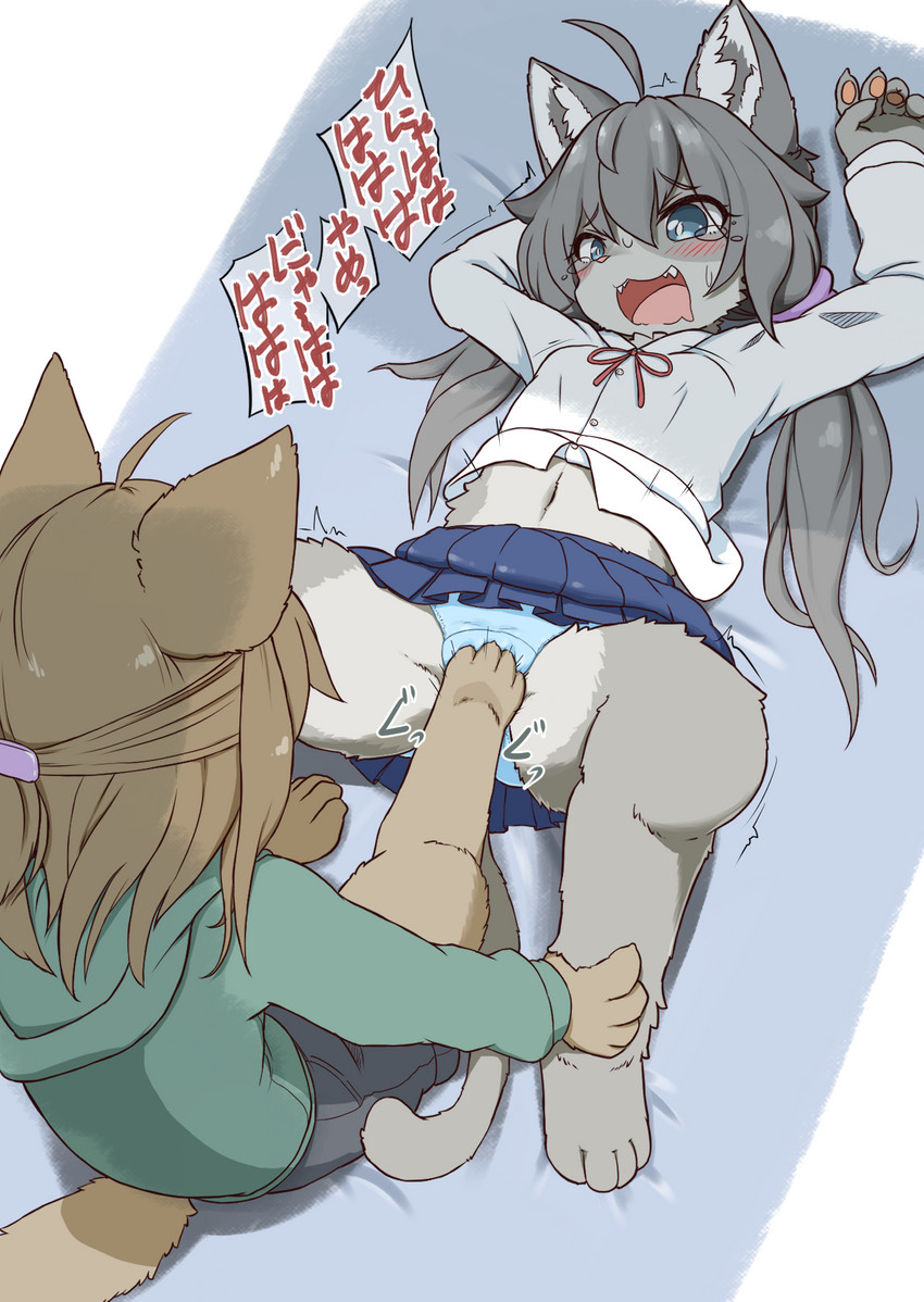 4_toes ahoge ambiguous_gender anthro barefoot biped blue_clothing blue_panties blue_underwear blush bottomwear breasts brown_body brown_fur brown_hair clothing countershading cute_fangs denkianma duo ear_tuft fangs feet female female/ambiguous fingerpads foot_fetish foot_play footjob footjob_through_clothing fur grey_body grey_fur grey_hair hair high-angle_view inner_ear_fluff leg_grab long_hair looking_at_panties lying midriff navel on_back open_mouth panties pawpads pupils ribbons sex skirt slit_pupils small_breasts sound_effects teeth text toes touching_panties tuft underwear vaginal vaginal_foot_play vaginal_footjob young young_anthro koorinezumi domestic_cat felid feline felis mammal 2020 hi_res japanese_text