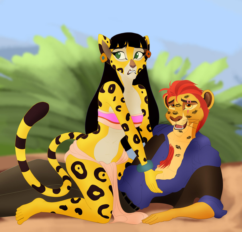 alternate_species anthro anthrofied bottomwear clothing duo ear_piercing eye_scar facial_scar female furrification hair kiss_mark loincloth long_hair male male/female open_mouth outside piercing scar tribal astraldog disney dreamworks the_lion_guard the_lion_king the_road_to_el_dorado chel_(the_road_to_el_dorado) fuli kion_(the_lion_guard) tulio_(the_road_to_el_dorado) cheetah felid feline lion mammal pantherine hi_res