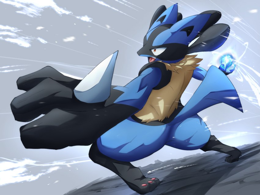 anthro aura_sphere black_body black_fur blue_body blue_fur cloud digitigrade fur male motion_lines open_mouth sky solo underpaw plache6 nintendo pokemon generation_4_pokemon lucario pokemon_(species) 2020 digital_media_(artwork) hi_res