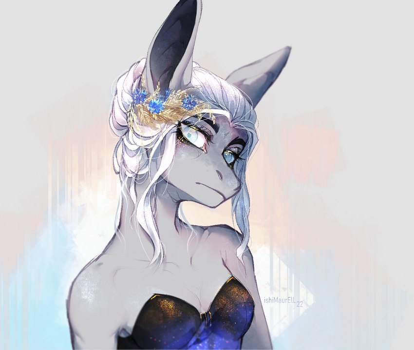 anthro big_ears black_bra black_clothing black_underwear blue_eyes bra breasts clothed clothing eyelashes female grey_body grey_skin hair head_tilt looking_at_viewer solo underwear white_hair ishimaurell mythology dragon mythological_creature mythological_scalie scalie 2022 bust_portrait portrait