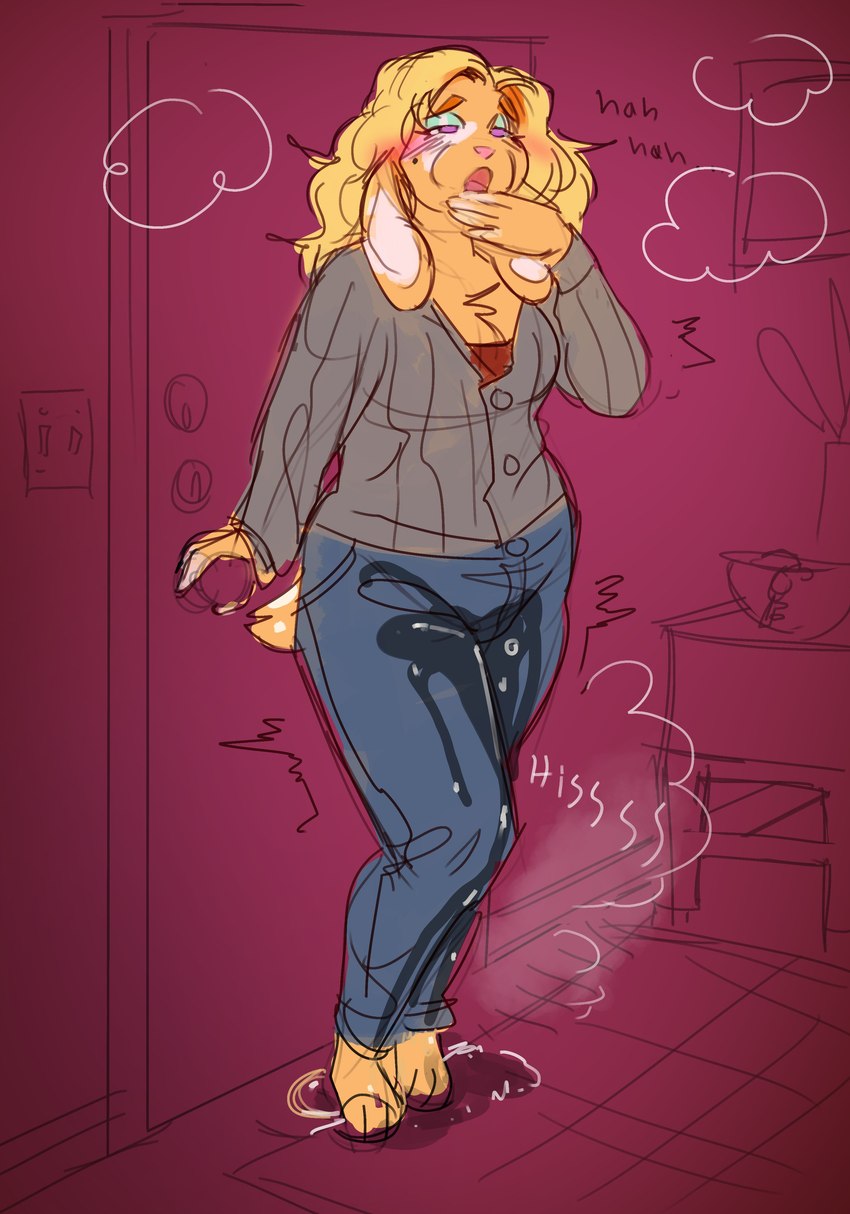 anthro biped blonde_hair blue_bottomwear blue_clothing blue_jeans blue_pants bodily_fluids bottomwear clothed clothing denim denim_bottomwear denim_clothing female female_peeing floppy_ears fully_clothed fur genital_fluids grey_clothing grey_sweater grey_topwear hair inside jeans long_hair lop_ears markings mole_(marking) omorashi open_mouth pants pants_wetting peeing pink_nose purple_eyes solo standing sweater tail tan_body tan_fur topwear urine urine_pool wet wet_bottomwear wet_clothing wet_pants wetting lameboast cheddar_(janethebuwny) lagomorph leporid mammal rabbit 2025 absurd_res alternate_version_at_source digital_media_(artwork) hi_res sketch