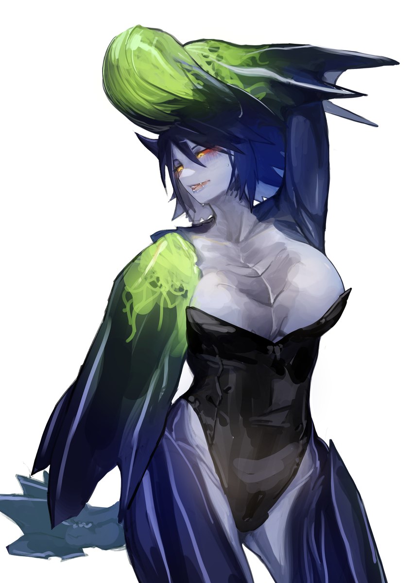 anthro big_breasts blue_body blue_hair breasts clothed clothing female hair horn humanoid_face monster_girl_(genre) red_sclera scales solo tail yellow_eyes miao_jiangyou capcom monster_hunter brachydios brute_wyvern scalie absurd_res hi_res