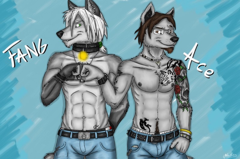 abs anthro athletic bottomwear bracelet brown_eyes clothed clothing collar denim denim_bottomwear denim_clothing dog_tags duo eyewear facial_hair fist_bump gesture glasses green_eyes hair jeans jewelry male nipples pants tattoo topless ace_stryker canid canine canis mammal wolf 2013 hi_res