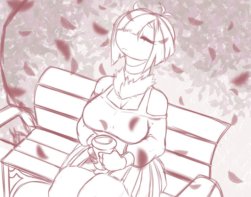 :3 anthro bench beverage bottomwear breasts cleavage clothed clothing container cup eyes_closed female fluffy fluffy_chest hair hair_over_eye high-angle_view holding_beverage holding_object leaf looking_up mouth_closed pleated_skirt short_hair sitting skirt solo sweater topwear juppi nintendo pokemon espathra generation_9_pokemon pokemon_(species) 2023 hi_res monochrome