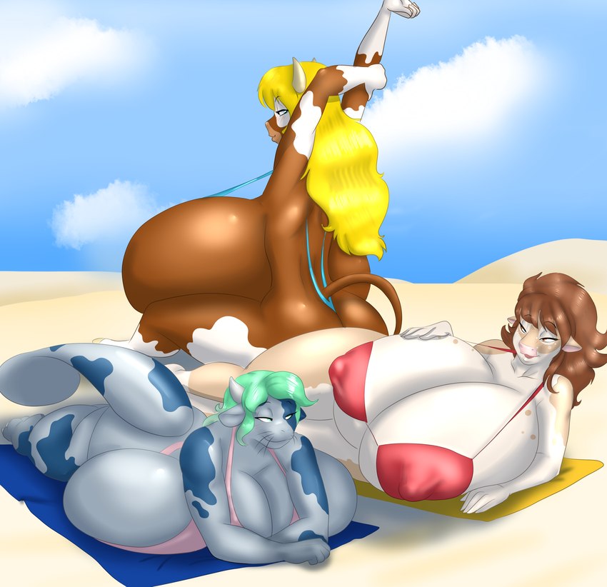 anthro beach big_breasts big_butt bikini blonde_hair blue_body blue_fur breast_squish breasts brown_body brown_eyes brown_fur brown_hair butt cleavage clothed clothing curvy_figure detailed_background eyelashes feet female fingers fur grey_body grey_fur group hair hand_on_breast horn huge_breasts huge_butt hyper hyper_breasts long_hair long_tail looking_back lying monokini multicolored_body multicolored_fur nipple_outline on_front on_side one-piece_swimsuit outside seaside short_hair sitting sling_bikini squish stretching swimwear tail tan_body tan_fur teal_eyes teal_hair thick_thighs toes towel trio two-piece_swimsuit two_tone_body two_tone_fur under_boob voluptuous whiskers white_body white_fur wide_hips blues64 marauder6272 cecilia_grazeon iris_galloway kinsey_wilkins bovid bovine cattle guernsey_cattle hybrid mammal manatee marine sirenian 2017 absurd_res digital_media_(artwork) hi_res