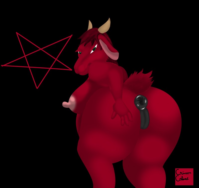 anthro anus bent_over breasts butt curvy_figure female genitals horn huge_thighs inverted_pentagram looking_at_viewer nipples occult_symbol overweight overweight_anthro overweight_female pentagram presenting pussy rear_view simple_background solo symbol thick_thighs crimsoncolored baphomet_(deity) satan bovid caprine deity demon goat mammal digital_media_(artwork) hi_res