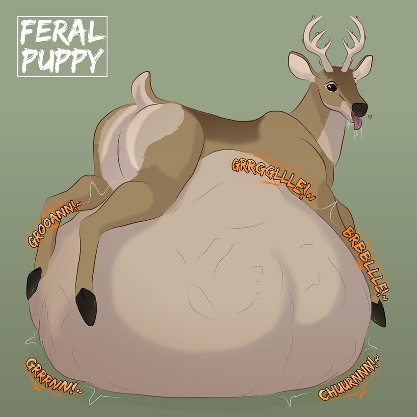 abdominal_bulge ambiguous_gender ambiguous_pred ambiguous_prey antlers belly belly_on_ground big_belly bodily_fluids bodily_noises brown_body brown_fur butt countershading deer_ears digestion drooling emanata external feral feral_pred fully_inside fur heart_symbol hooves horn huge_belly lying multicolored_body multicolored_fur multicolored_tail on_front oral_vore rear_view resting_on_belly saliva same_size_vore scut_tail short_tail soft_vore solo struggling struggling_prey suspended_by_belly tail tongue tongue_out unwilling_prey vore white_belly white_butt white_ears feral-puppy deer mammal 1:1 hi_res