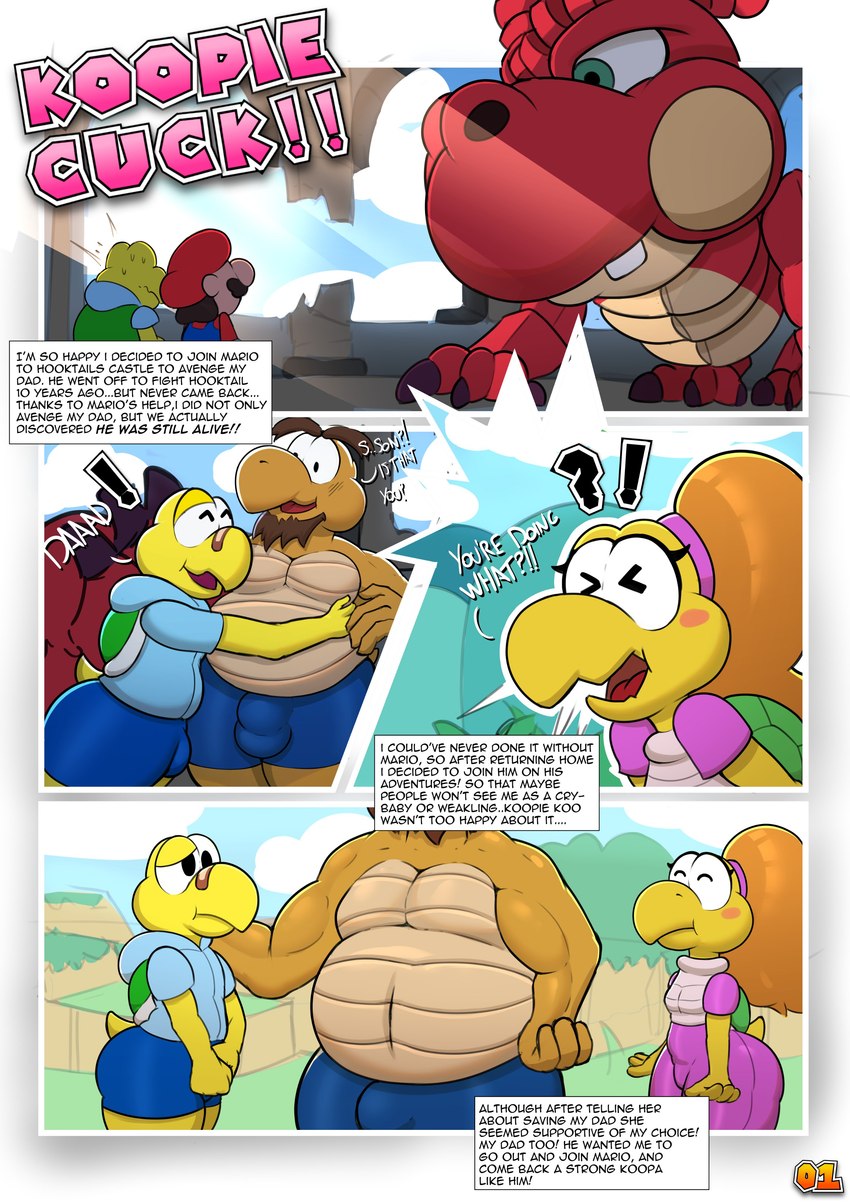 anthro band-aid bandage belly biceps big_bulge biped bulge clothing detailed_bulge dialogue female female_anthro group hat headgear headwear hoodie male male_anthro overweight romantic romantic_couple shell size_difference text text_box thick_thighs topwear bootydox mario_bros mythology nintendo paper_mario paper_mario:_the_thousand_year_door hooktail koopie_koo koopley koops mario dragon human koopa koopa_troopa mammal mythological_creature mythological_scalie reptile scalie turtle absurd_res comic english_text hi_res father_(lore) father_and_child_(lore) father_and_son_(lore) parent_(lore) parent_and_child_(lore) parent_and_son_(lore) son_(lore)