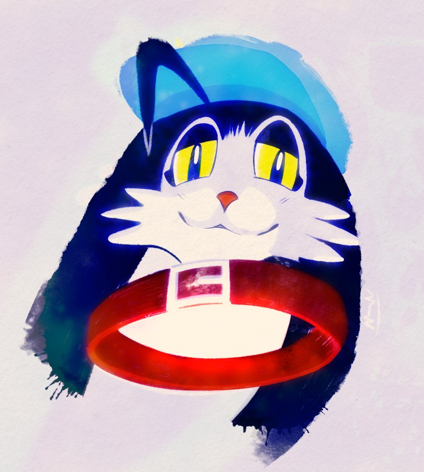 anthro big_collar black_body black_fur collar disembodied_head fur looking_at_viewer looking_down looking_down_at_viewer male oversized_collar smile solo white_body white_fur yellow_eyes moon-watcher bandai_namco klonoa_(series) klonoa domestic_cat felid feline felis mammal absurd_res hi_res