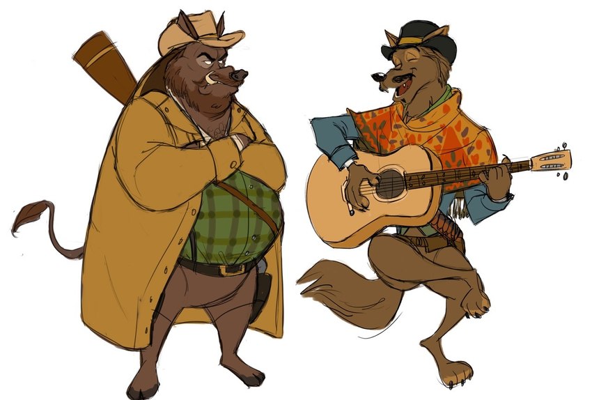 acoustic_guitar alternate_species anthro clothing cowboy_hat duo eyes_closed furrification grumpy guitar hat headgear headwear male musical_instrument open_mouth open_smile plucked_string_instrument smile string_instrument western wild_west dishonorablehet red_dead_(series) rockstar_games bill_williamson javier_escuella canid canine canis coyote mammal suid suine sus_(pig) wild_boar