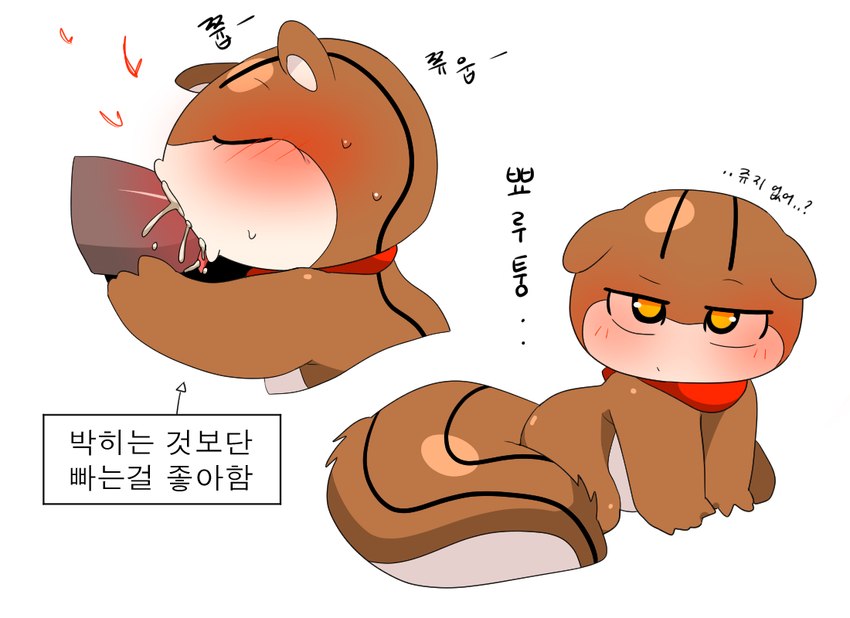 anthro blush bodily_fluids cum cum_in_mouth cum_inside duo fellatio female female_focus forced genital_fluids genitals male male/female oral penile sex sweat text meringue_(pixiv) bear mammal rodent sciurid tree_squirrel korean_text