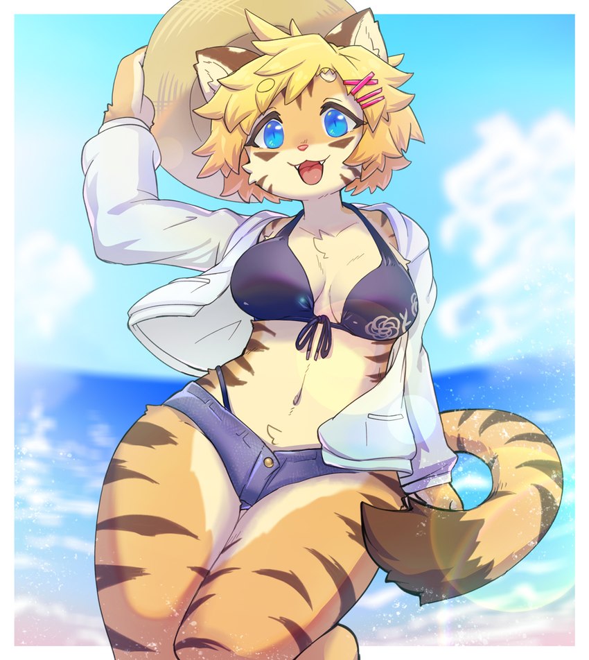 alternative_fashion anthro bikini bikini_top blonde_hair blue_eyes bottomwear breasts brown_body brown_fur clothed clothing cute_fangs denim denim_bottomwear denim_clothing denim_shorts fangs female female_anthro fur gyaru hair hat headgear headwear hoodie j-fashion kemono looking_at_viewer multicolored_body multicolored_fur multicolored_tail navel open_mouth short_hair shorts solo swimwear swimwear_under_clothing tail teeth tongue topwear two-piece_swimsuit white_body white_fur yellow_body yellow_fur hanadaiteol fuo_(hanadaiteol) felid mammal pantherine tiger 2022 digital_media_(artwork) hi_res portrait three-quarter_portrait