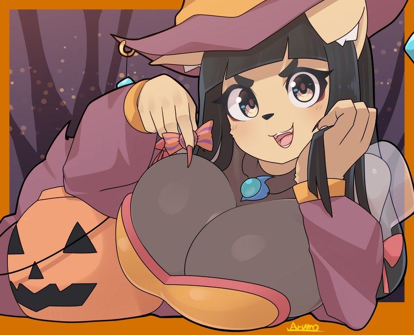 5_fingers anthro big_breasts black_hair black_nose blush breasts colored_nails female fingers hair holidays inner_ear_fluff long_nails looking_at_viewer nails open_mouth red_nails smile solo tan_body tuft arumo halloween komena_akamori canid mammal 2021 hi_res