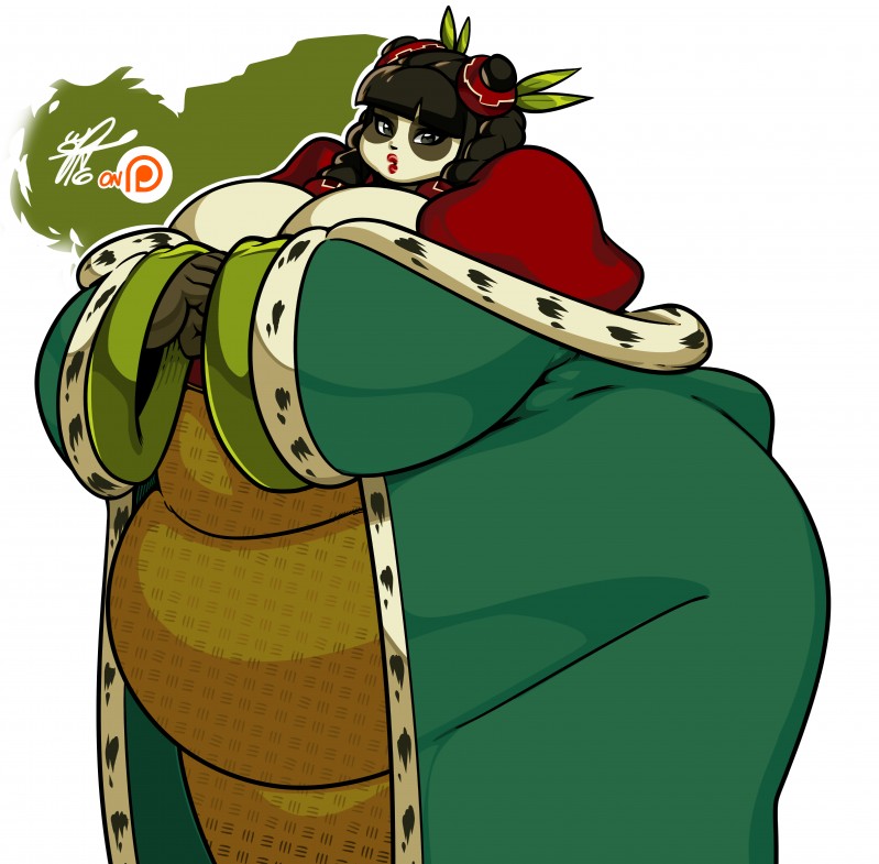 belly big_breasts breasts clothed clothing curvy_figure female huge_breasts lips lipstick looking_at_viewer makeup obese obese_female obese_humanoid overweight overweight_female overweight_humanoid simple_background solo wide_hips grim-kun ankama dofus wakfu pandawa_queen bear humanoid mammal pandawa absurd_res hi_res