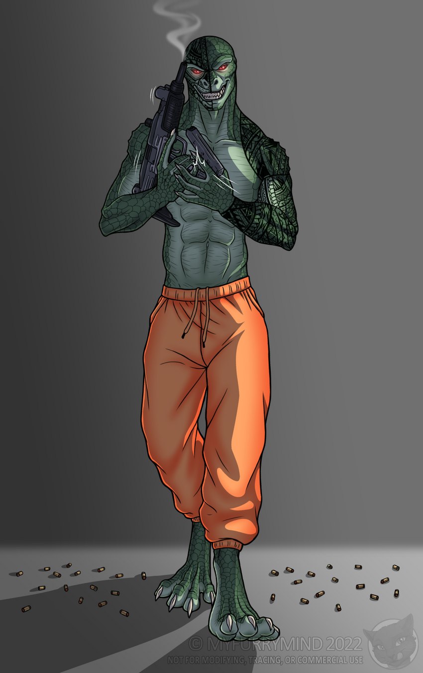 anthro barefoot bottomwear bullet_casing clothed clothing dual_wielding feet glowing glowing_eyes gun handgun holding_gun holding_handgun holding_object holding_pistol holding_ranged_weapon holding_weapon male orange_bottomwear orange_clothing orange_pants pants pistol pupils ranged_weapon red_eyes slit_pupils smile smoking_gun solo submachine_gun sweatpants ta_moko tattoo topless topless_male uzi weapon myfurrymind buck_willis reptile scalie colored_sketch digital_media_(artwork) hi_res sketch