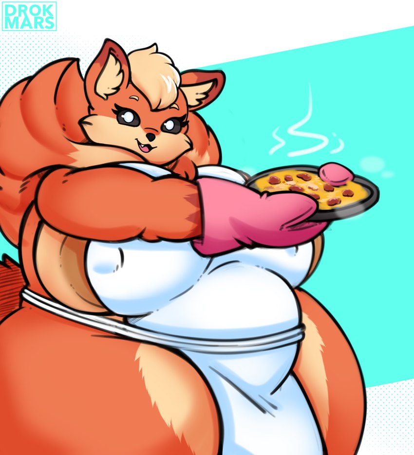 anthro apron apron_only areola areola_slip big_areola big_breasts biped black_sclera blue_background breasts brown_areola cheek_tuft clothing cute_fangs eyebrows eyelashes facial_tuft fangs female food fur gloves_(marking) handwear head_tuft holding_object huge_breasts huge_thighs ineffective_clothing inner_ear_fluff mane markings mostly_nude nipple_outline open_mouth oven_mitts overweight overweight_anthro overweight_female pizza red_body red_fur simple_background solo tan_body tan_fur teeth text thick_thighs three-quarter_view tuft white_background white_eyes drokmars melody_(drokmars) canid canine fox mammal 2023 absurd_res artist_name hi_res portrait three-quarter_portrait