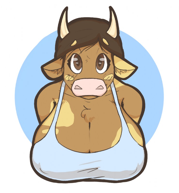 anthro big_breasts breasts cleavage clothed clothing female huge_breasts nipple_outline shirt solo tank_top topwear slightlysimian european_mythology greek_mythology mythology molly_(slightlysimian) bovid bovine cattle mammal minotaur