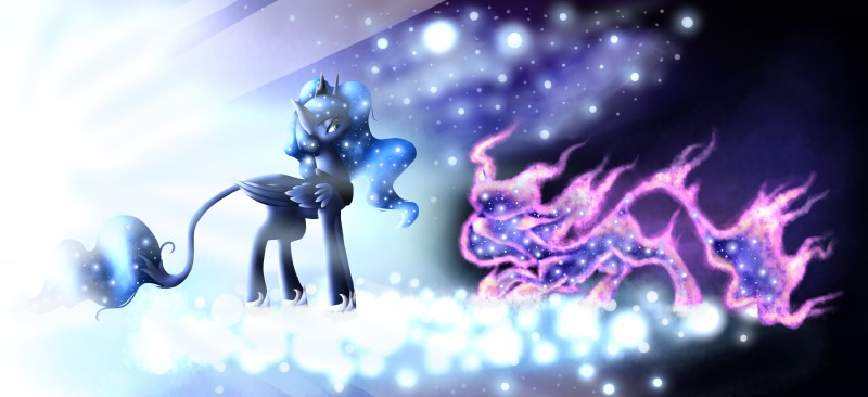 abstract_background blue_body blue_eyes blue_feathers blue_fur blue_hair duo feathered_wings feathers female feral fur glowing hair horn wings amous-anona friendship_is_magic hasbro my_little_pony mythology princess_luna_(mlp) tantabus equid equine mammal mythological_creature mythological_equine winged_unicorn 2015 absurd_res hi_res