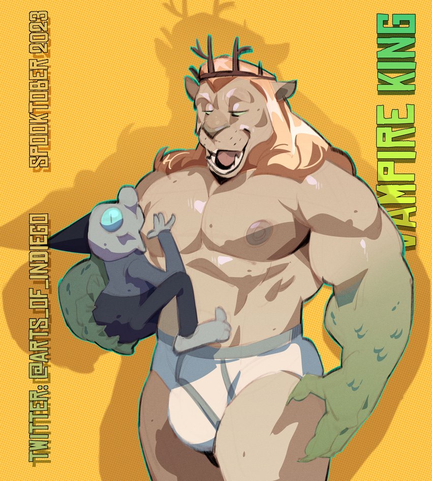 abs anthro bald blonde_hair blue_sclera bulge clothed clothing cone_of_shame crown duo facial_hair fur hair hand_on_partner hand_on_pecs hat headgear headwear long_hair male male/male medical_instrument muscular muscular_anthro muscular_male nipple_fetish nipple_play nipple_suck nipples open_mouth pecs scales scientific_instrument shadow simple_background size_difference spooktober sucking teeth text tongue underwear yellow_body yellow_fur arts_of_indiego adventure_time cartoon_network twitter the_fool_(adventure_time) vampire_king felid humanoid hybrid lion mammal pantherine reptile scalie vampire 2023 digital_media_(artwork) hi_res