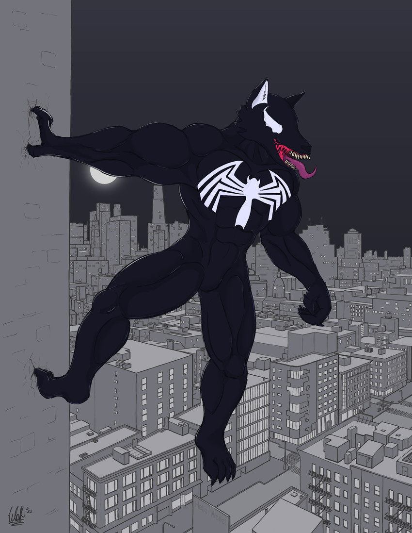 anthro black_body building city claws climbing_wall detailed_background emblem male moon new_york night on_one_leg open_mouth purple_tongue solo standing teeth tongue tongue_out white_eyes window wolfarion marvel mythology venom_(marvel) canid canine mammal mythological_canine mythological_creature symbiote werecanid werecanine werecreature werewolf 2020 absurd_res colored hi_res signature