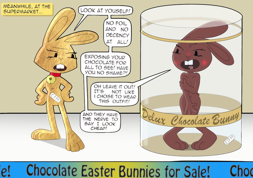 anthro bell bell_collar blush breasts brown_body buckteeth candy chocolate chocolate_bunny collar covering covering_breasts covering_crotch covering_self dessert duo female foil food gold_body navel nude open_mouth packaging scut_tail shelf short_tail speech_bubble standing store tail teeth text text_box algahiem3 food_creature lagomorph leporid living_candy mammal rabbit absurd_res english_text hi_res