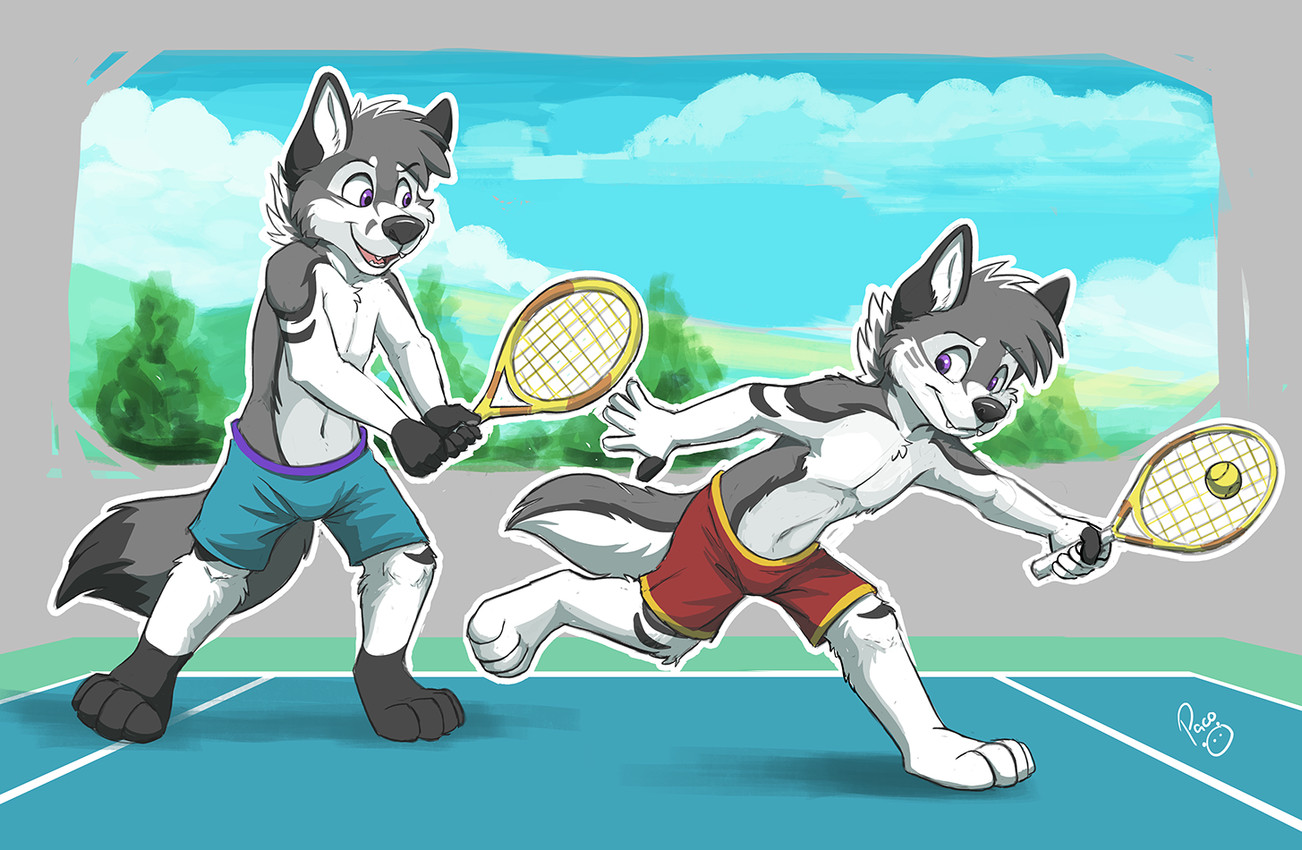 action_pose adolescent anthro ball barefoot biped black_body black_fur black_tail blue_bottomwear blue_clothing blue_shorts bottomwear clothed clothed_anthro clothed_male clothing countershade_torso countershading cute_fangs day dipstick_tail duo fangs feet front_view fur glistening glistening_eyes gloves_(marking) grey_body grey_fur hair leg_markings male male_anthro markings mouth_closed open_mouth open_smile outline outside plantigrade pose purple_eyes red_bottomwear red_clothing red_shorts short_hair shorts shorts_only smile socks_(marking) tail tail_markings teeth tennis_ball tennis_court tennis_racket text three-quarter_view topless white_body white_fur young young_anthro young_male pandapaco canid canine mammal artist_name digital_drawing_(artwork) digital_media_(artwork) english_text shaded signature simple_shading