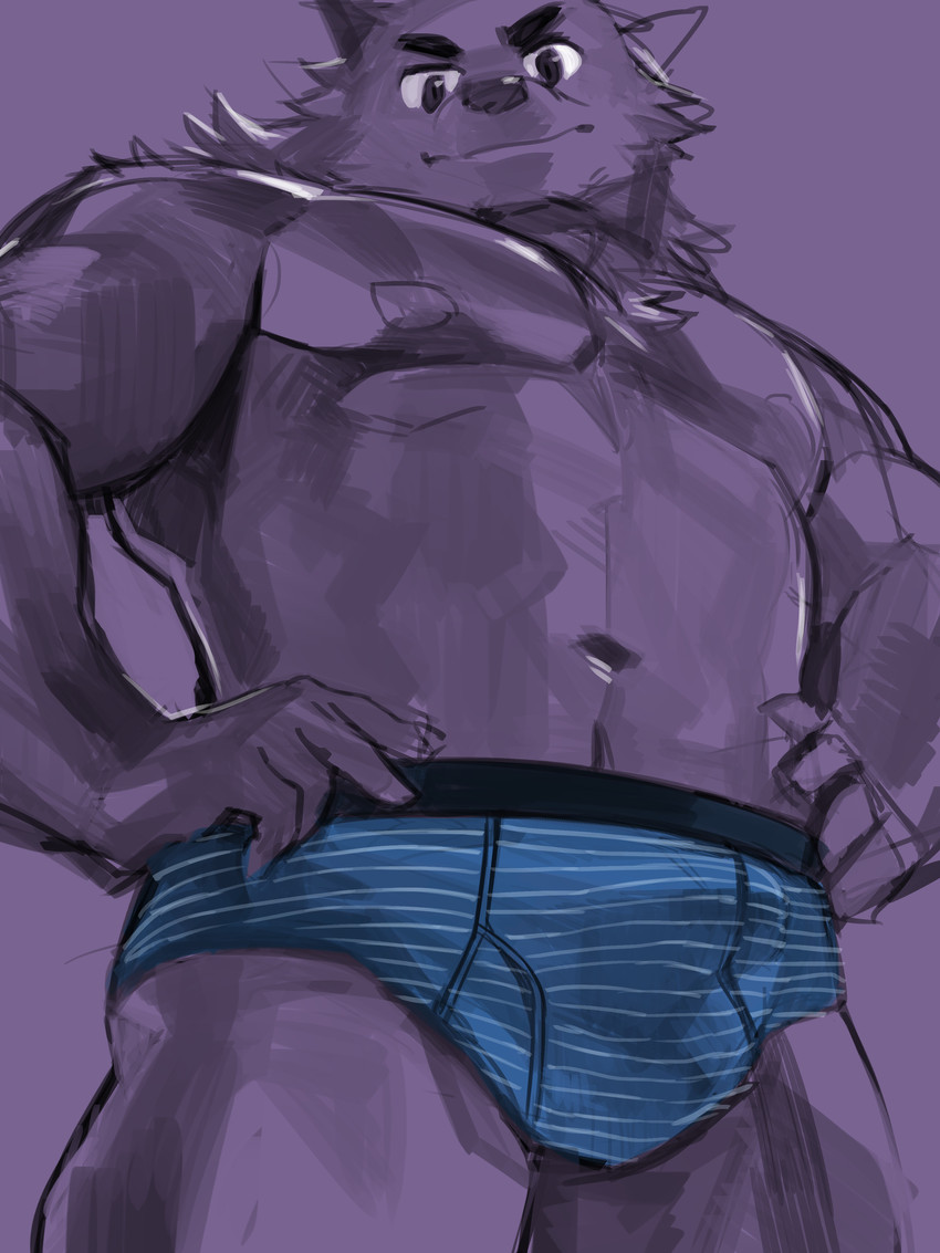 anthro barazoku briefs bulge clothing hands_on_hips humanoid_hands kemono looking_at_viewer male navel nipples simple_background solo underwear kita_9999 canid canine canis domestic_dog mammal 2020 3:4 absurd_res hi_res