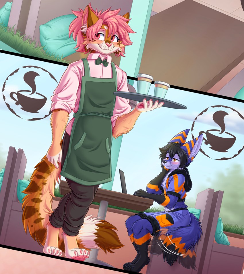 anthro apron apron_bow barefoot barista beverage biped black_body black_fur black_hair blue_body blue_fur blush bottomwear brown_body brown_fur cafe claws clothed clothing coffee computer container countershade_face countershading crop_hoodie cropped_hoodie detailed_background detailed_fur dipstick_tail duo electronics feet femboy fluffy fluffy_tail fur fur_markings gloves_(marking) hair hoodie laptop leg_markings looking_at_another male markings multicolored_body multicolored_fur multicolored_tail orange_body orange_eyes orange_fur pants pawpads pink_claws pink_eyes pink_hair pink_nose pink_pawpads public shirt short_hair sitting smile socks_(marking) solo_focus spots spotted_markings spotted_tail tail tail_markings tail_motion tailwag teaser topwear tuft waiter waiter_suit waiter_tray whisker_spots whiskers white_body white_fur yellow_eyes sidnithefox avery_(roanoak) stack_(character) canid canine felid feline fennec_fox fox lynx mammal true_fox comic detailed digital_media_(artwork) hi_res preview shaded