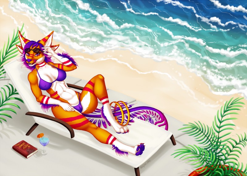 4_ears beach bikini clothing detailed_background eyewear female high-angle_view multi_ear purple_eyes sand sea seaside solo summer sunglasses swimwear two-piece_swimsuit water wave vespur skie_(trueglint360) alien hi_res