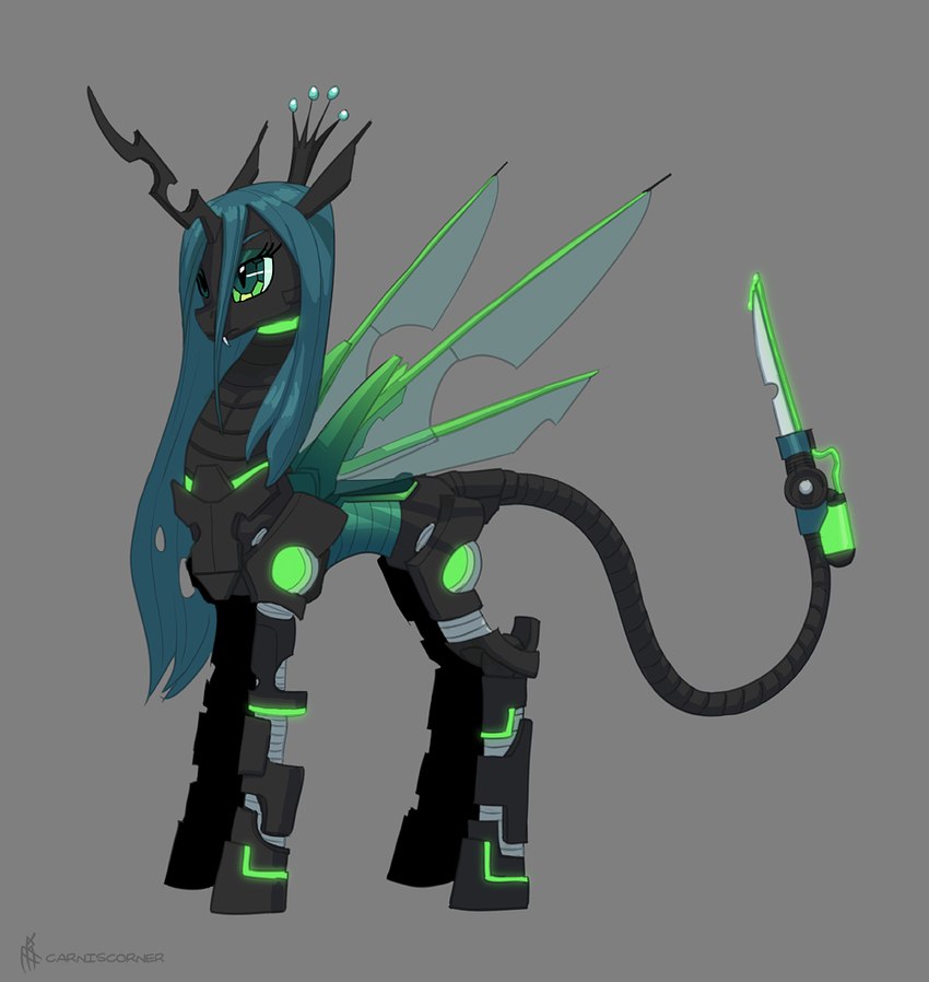 black_body blade crown fangs female feral green_eyes green_hair grey_background hair headgear holes_in_body holes_in_horn horn long_hair machine prehensile_tail quadruped simple_background solo tail teeth wings carniscorner friendship_is_magic hasbro my_little_pony queen_chrysalis_(mlp) robot