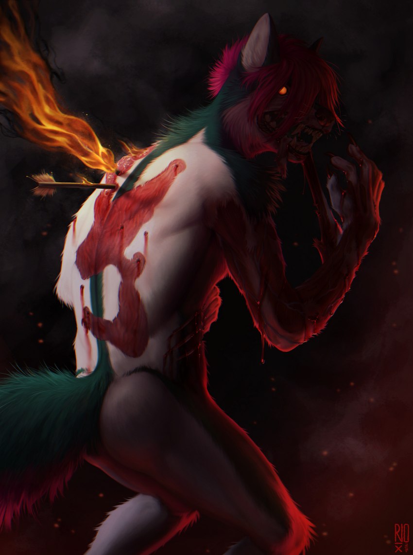 anthro arm_tuft arrow_(weapon) arrow_wound blood blood_on_arm blood_on_hand bodily_fluids butt exposed_flesh fangs fire fur gore green_body green_fur hair looking_at_viewer male nightmare_fuel no_pupils nude open_mouth orange_eyes pink_hair ranged_weapon scratches shoulder_tuft simple_background skinning solo teeth three-quarter_view tuft weapon white_body white_fur wide_eyed wounded riorix canid mammal 2021 artist_name dated hi_res portrait three-quarter_portrait