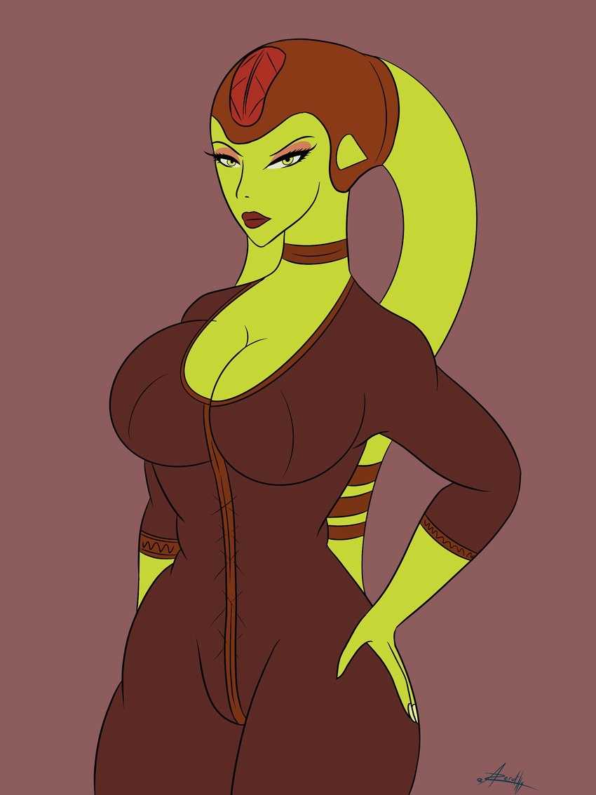 big_breasts breasts brown_background brown_jumpsuit choker cleavage clothed clothed_humanoid clothing female female_humanoid jewelry looking_at_viewer necklace not_furry pose simple_background solo standing three-quarter_view yellow_body yellow_eyes panthra78 star_wars alien alien_humanoid humanoid twi'lek absurd_res digital_drawing_(artwork) digital_media_(artwork) flat_colors hi_res portrait signature three-quarter_portrait