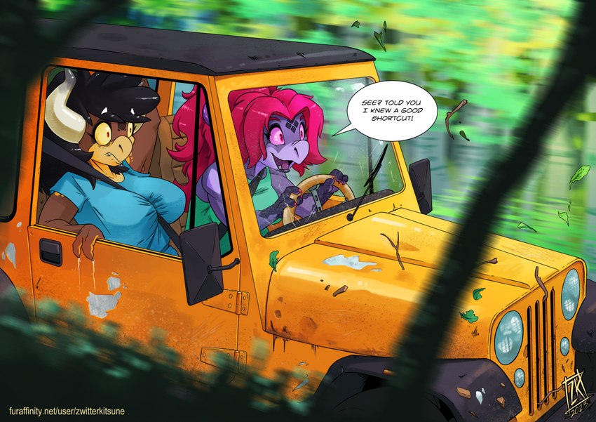 anthro black_hair duo female hair horn motor_vehicle red_hair seat_belt seatbelt text vehicle zwitterkitsune jeep esme_amaya_(sketchybug) samantha_reyes kobold scalie 2023 tagme url