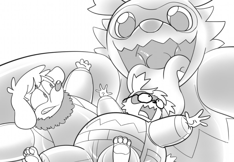 4_fingers 4_toes anthro extreme_size_difference eyewear feet feral fingers glasses group imminent_vore inflatable larger_pred latex looking_down looming low-angle_view multiple_prey open_mouth oral_vore pawpads paws size_difference soft_vore suits toes tongue tongue_out vore durg_(artist) nintendo pokemon fan_character kent_womble kotetsu_redwood generation_3_pokemon pokemon_(species) womble zigzagoon 2018 absurd_res digital_media_(artwork) hi_res monochrome